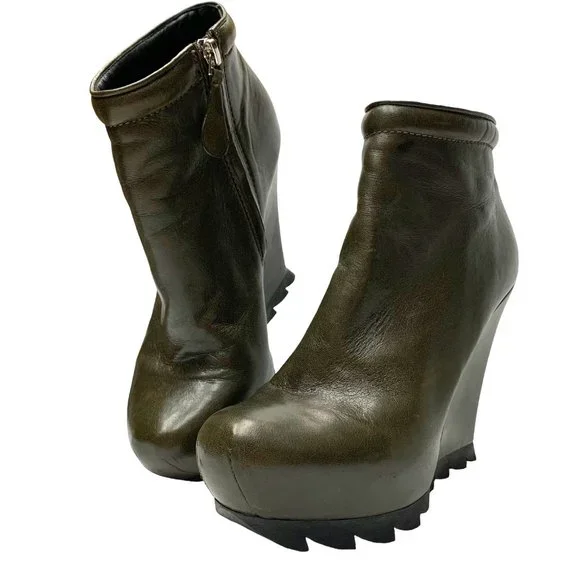 Camilla Skovgaard Finch Green Leather Saw Sole Wedge Booties